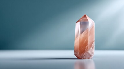 Radiant rose quartz crystal standing elegantly against a serene blue background, symbolizing tranquility and healing energies.