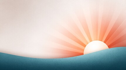 Radiant sun rising over gentle turquoise waves, creating a serene coastal atmosphere.