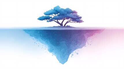 Serene island landscape with a solitary tree above and below a calm sea