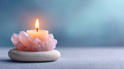 Soothing candle illuminated by soft pink crystals on a serene background