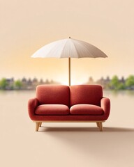 Stylish Red Sofa with Umbrella Against a Sunset Background