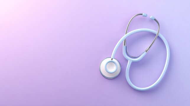Stylish light blue stethoscope on a soft purple background, symbolizing modern healthcare and wellness.