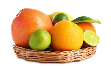 Different fresh citrus fruits isolated on white