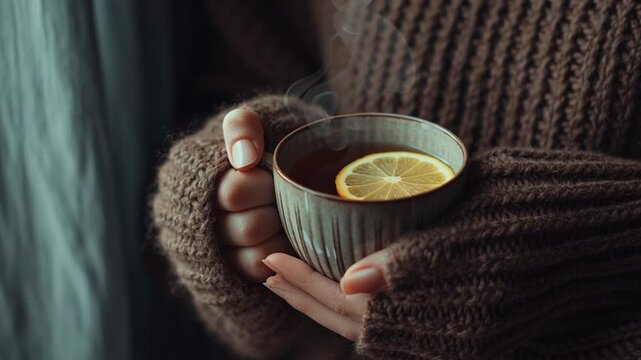 Cozy winter hand in chunky knit sweater holding steaming lemon tea in moody light