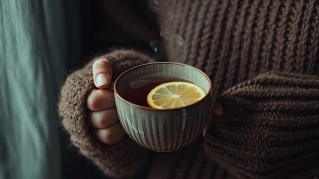 Cozy winter hand in chunky knit sweater holding steaming lemon tea in moody light