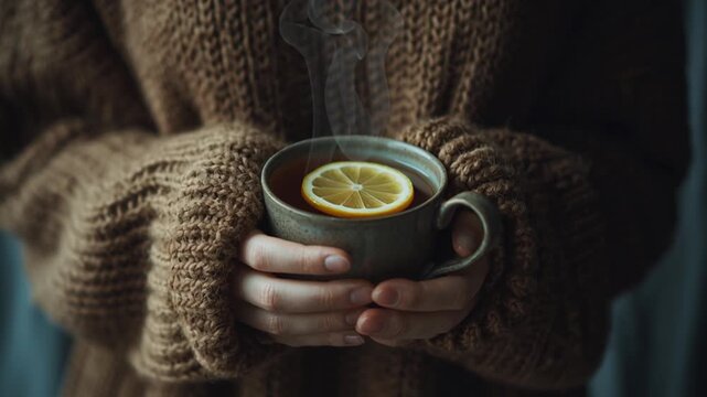 Cozy winter hand in chunky knit sweater holding steaming lemon tea in moody light