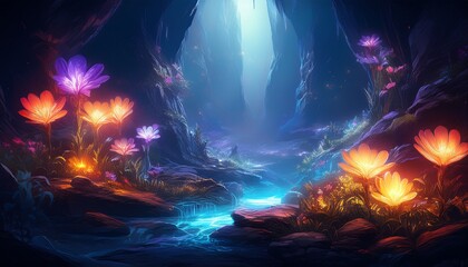 glowing flowers in mystical cave