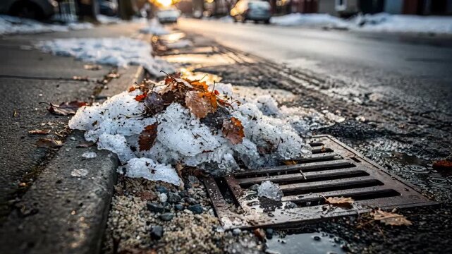 Melting snow and ice with brown leaves on a street drain. Close-up of slush in an urban gutter during golden hour. Seasonal transition and drainage concept