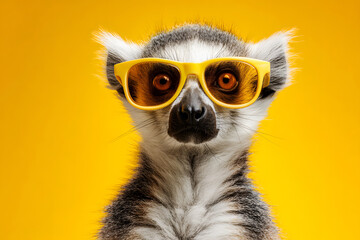Fototapeta premium Lemur wears yellow sunglasses against a bright yellow background in a playful moment captured indoors