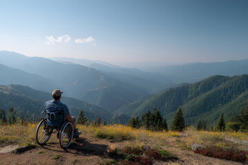 Fototapeta premium Man in wheelchair enjoys view of mountains and valleys on sunny day