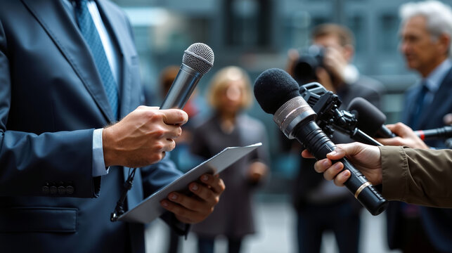 A man in a suit holding a microphone and a clipboard