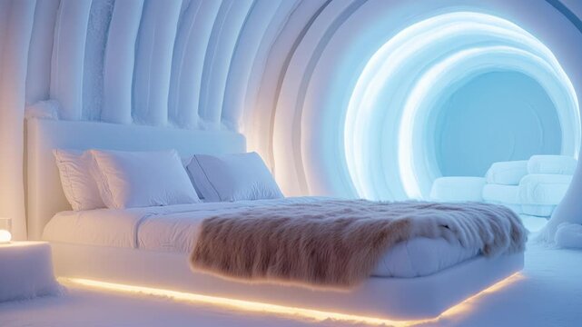 Unique bedroom inside a futuristic ice hotel featuring a comfortable bed and ambient neon lighting