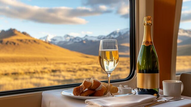 Luxury train travel featuring champagne and food with a stunning mountain landscape outside the window