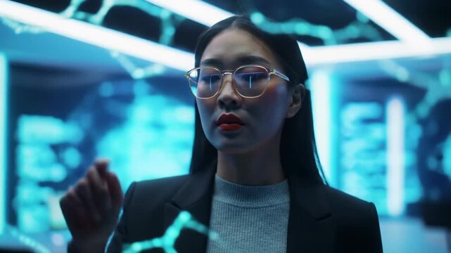 Professional in modern business-casual interacts with large transparent holographic display. Vibrant blue data visualizations shimmer in sleek, futuristic tech lab. Concept of innovation and intense