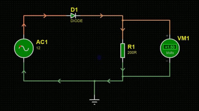 Video animation with schematic diagram of electrical 
circuit with resistor, diode, alternating 
voltage source (oscillator), voltmeter. Voltage measuring. Physical properties of conductors.