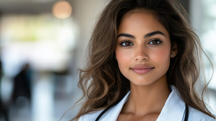 Obraz premium Portrait of a young female doctor with a stethoscope around her neck, smiling gently