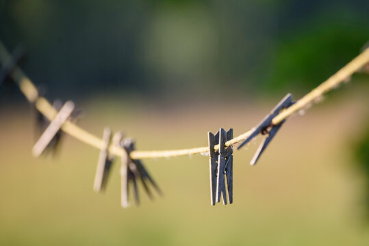 Wooden pegs on string for clothes drying.