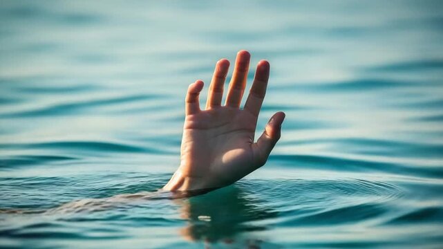 Hand reaching out of water in distress or drowning on blue sea background
