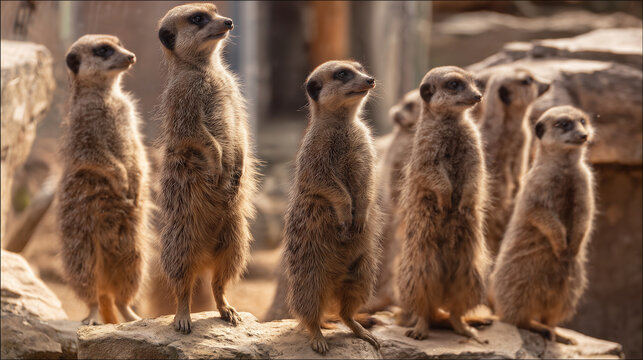 meerkat group, standing meerkats, alert animals, sentinel behavior, curious mammals, African wildlife, social species, upright pose, safari animal, zoo, nature, sandy habitat