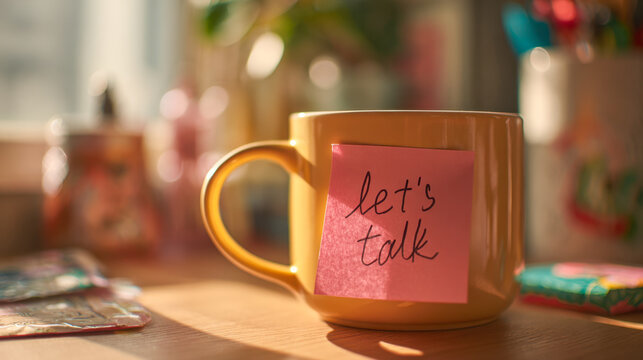 Yellow coffee mug with a sticky note saying "let's talk" on a sunny wooden table surrounded by blurred colorful objects inviting a warm conversation environment
