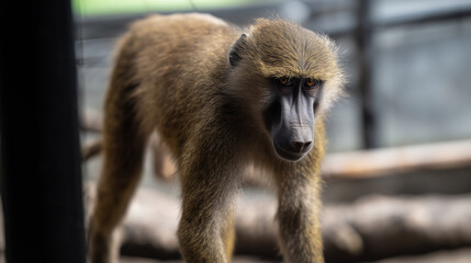 Obraz premium yellow baboon walking in three-quarter side view, frame cropped from mid-torso to head, expressive face with visible whiskers, detailed short fur, soft natural daylight, background