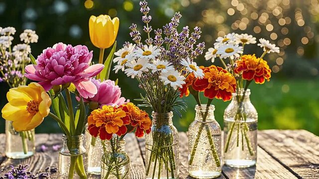 Colorful Flowers in Glass Vases on Wooden Table.