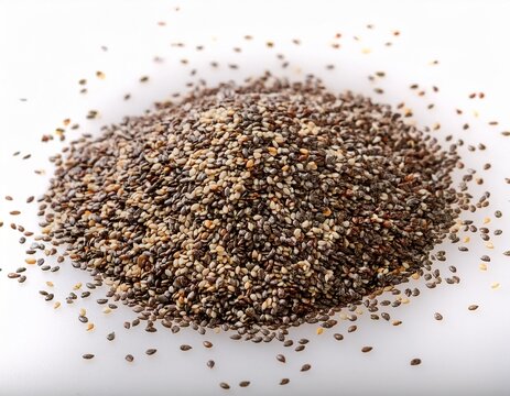 close view of a small pile of chia flax and sesame seeds over a white background