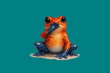 Poison dart frog covering mouth, speak no evil concept. Isolated on a solid background.