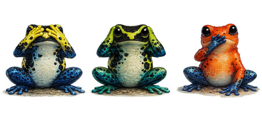 Three colorful frogs in see no evil hear no evil speak no evil concept