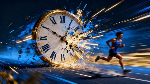 Athlete Running Through a Giant Exploding Clock Face with Dynamic Blue Light Trails