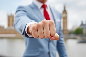 Fototapeta premium Businessman punching forward with government building background symbolizing political confrontation, leadership power struggle, governmental authority competition and strategic national influence con