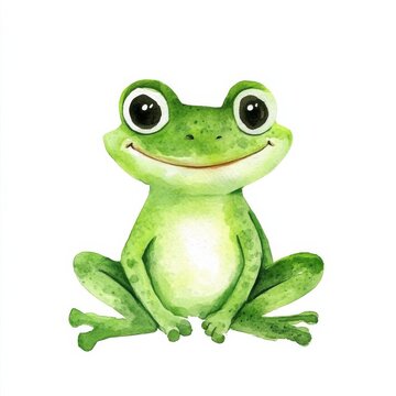 Cute cartoon frog sits happily in a bright background enjoying a sunny day in a simple watercolor style drawing