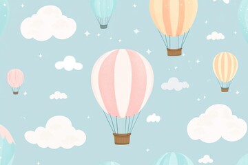 Obraz premium Pastel hot air balloons float in the sky with clouds for baby shower decorations and festive events