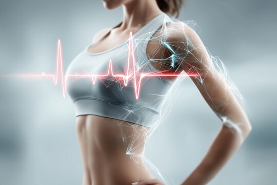 Female athlete torso with digital heartbeat and muscle visualization representing fitness health monitoring, athletic performance tracking, wellness technology and modern sports medicine concept