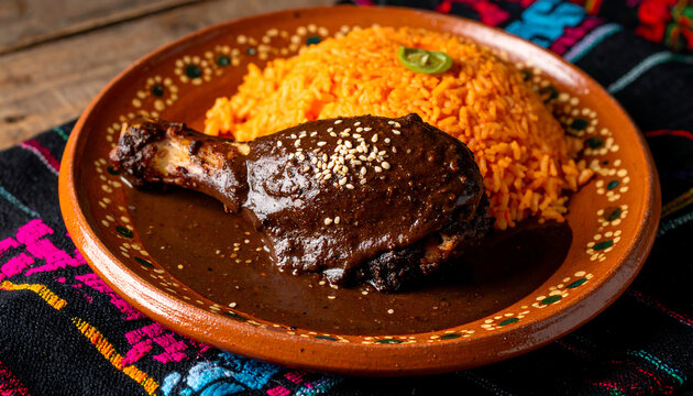 Classic Chicken Mole Poblano with Sesame Seeds and Mexican Rice