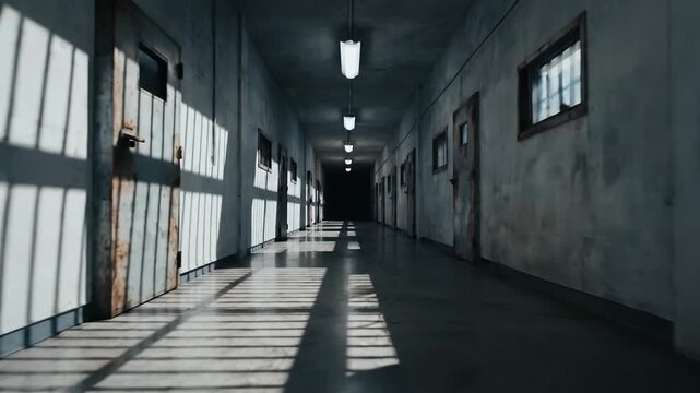 Creepy Prison Corridor with Cells and Bars, Dramatic Lighting