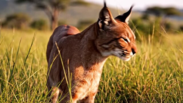 Caracal Walking Through Tall Grass Field.