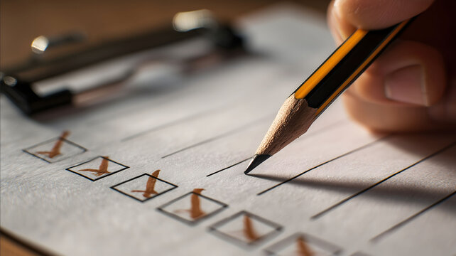 zoomed in image that shows paper with check list on it and persons had that holds the pencil and some of the tasks are already crossed out this should be image in wate