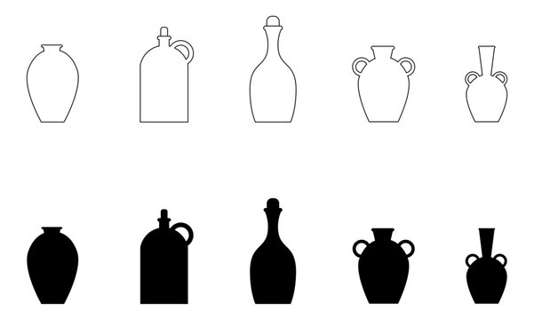 Ilustraci&oacute;n de una botella y jarrones. Conjunto de iconos de decoraci&oacute;n para el hogar. Vector en blanco y negro para aplicaciones, dise&ntilde;o, gr&aacute;ficos, folletos, sitios web y otros.