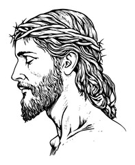 Jesus Christ profile with crown of thorns vector illustration, Christian religious spiritual art, Holy Week or Easter biblical portrait line art