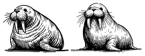 Walrus characters set vector illustration, cute sea mammals with tusks, arctic wildlife and marine animals for nature and education design © JakubVectorSketch