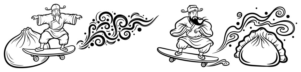 Fototapeta premium Funny Chinese characters on skateboards with dumplings vector illustration, fusion of traditional culture and urban lifestyle, monk or master skateboarding sketch