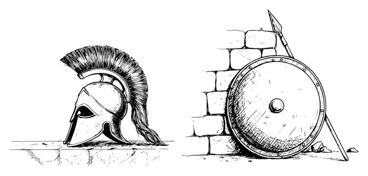 Ancient Greek Spartan helmet and shield with spear vector illustration, antique warrior armor collection, gladiator battle equipment sketch
