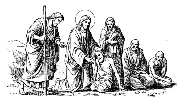 Jesus Christ healing the sick and blind vector illustration, biblical miracle scene, Christian religious historical art, gospel faith and compassion concept