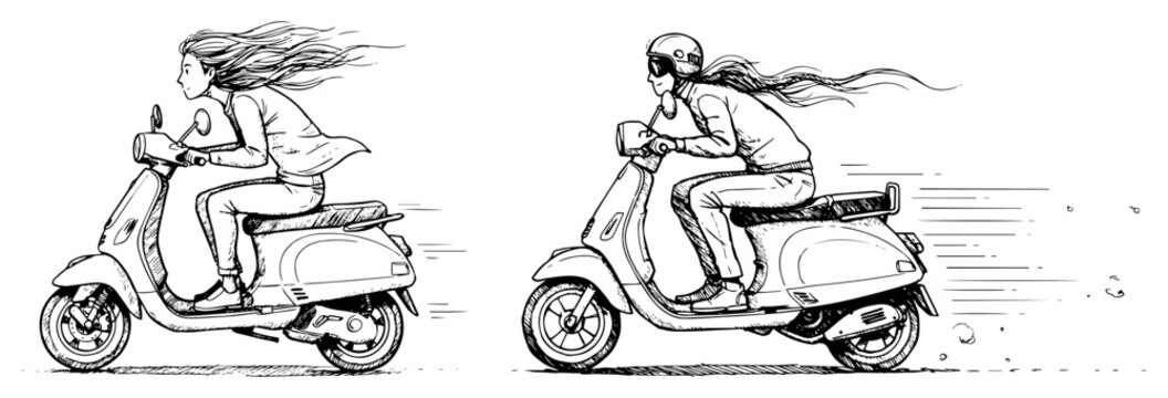 Young woman riding a vintage scooter vector illustration, girl on moped in motion, urban lifestyle and city transportation sketch