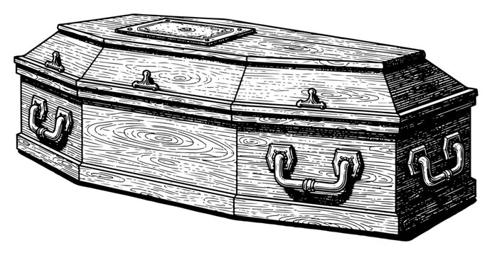 Wooden coffin casket with detailed texture vector illustration, funeral and burial memorial symbol, gothic or cemetery themed wood grain box sketch