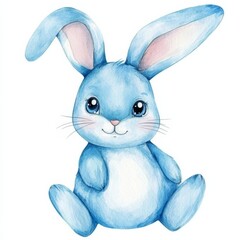 Fototapeta premium Cute cartoon blue rabbit sitting on a white background in a simple watercolor style created by AI