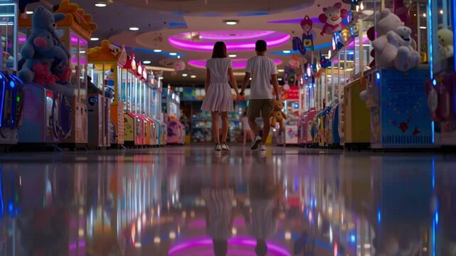 Shy first date walking through neon arcade holding teddy bear