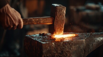 Blacksmith's hammer striking glowing metal on an anvil with sparks flying