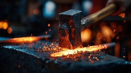 Blacksmith's hammer strikes glowing hot metal on an anvil sending sparks flying in a workshop